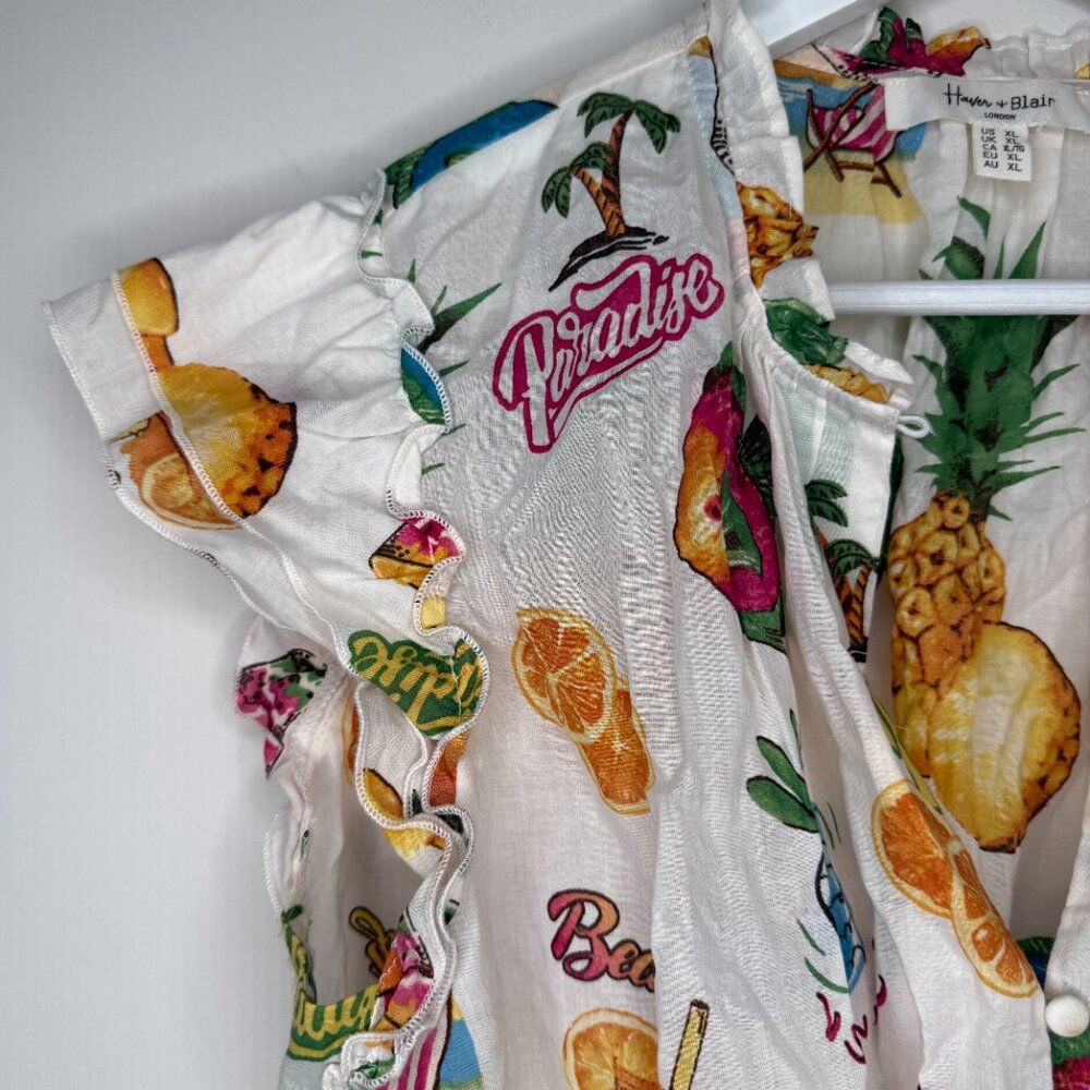 Tropical Pineapple Button Blouse Ruffle Sleeve Ti… - image 3